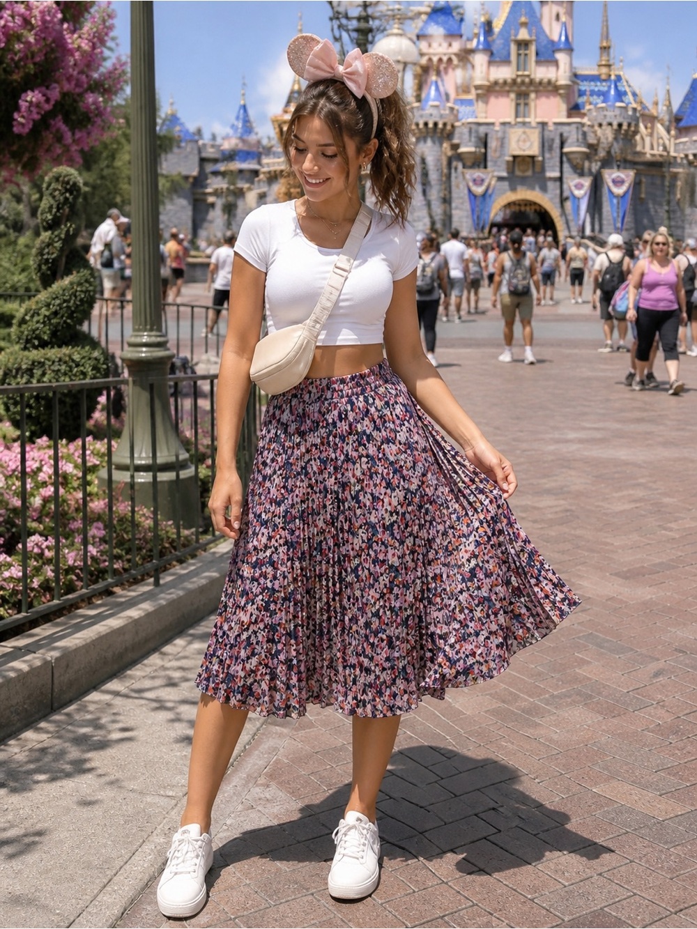 Disney Cinderella Floral Pleated Midi Skirt Small Elastic Waist